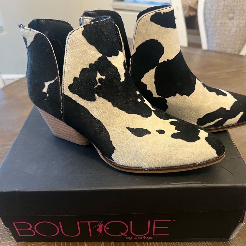 Corkys Black and White Cow Print Ankle Booties